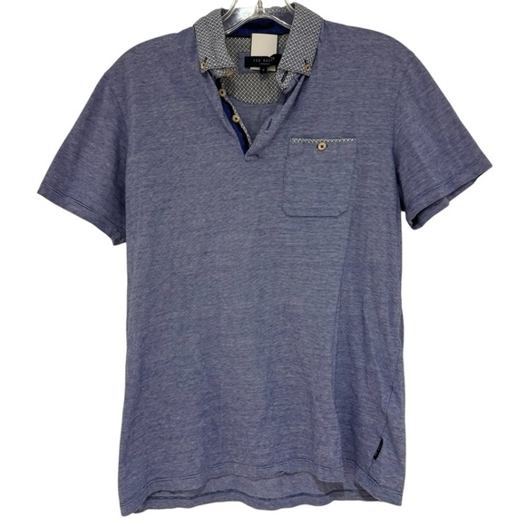 TED BAKER - Men’s Polo - Blue with Patterned Collar - Size 2 (Small) - Picture 1 of 6